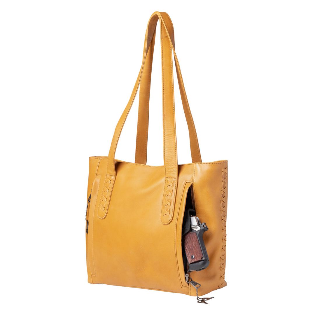 Concealed Carry Reagan Medium Leather Tote in Caramel – concealment pocket