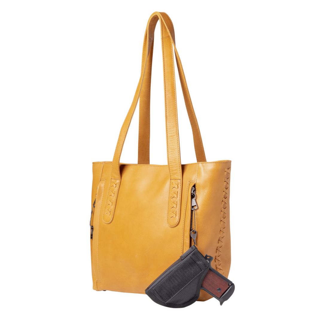 Concealed Carry Reagan Medium Leather Tote in Caramel – holster compartment