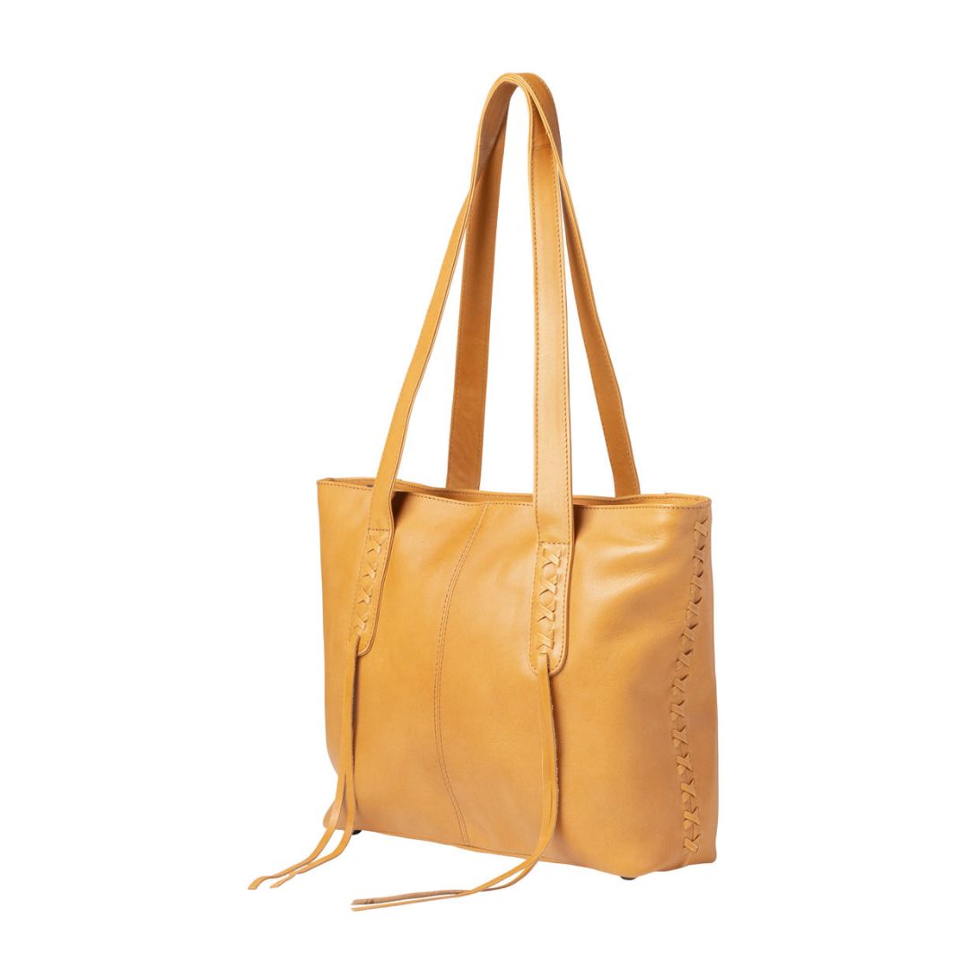 Concealed Carry Reagan Medium Leather Tote in Caramel – side view