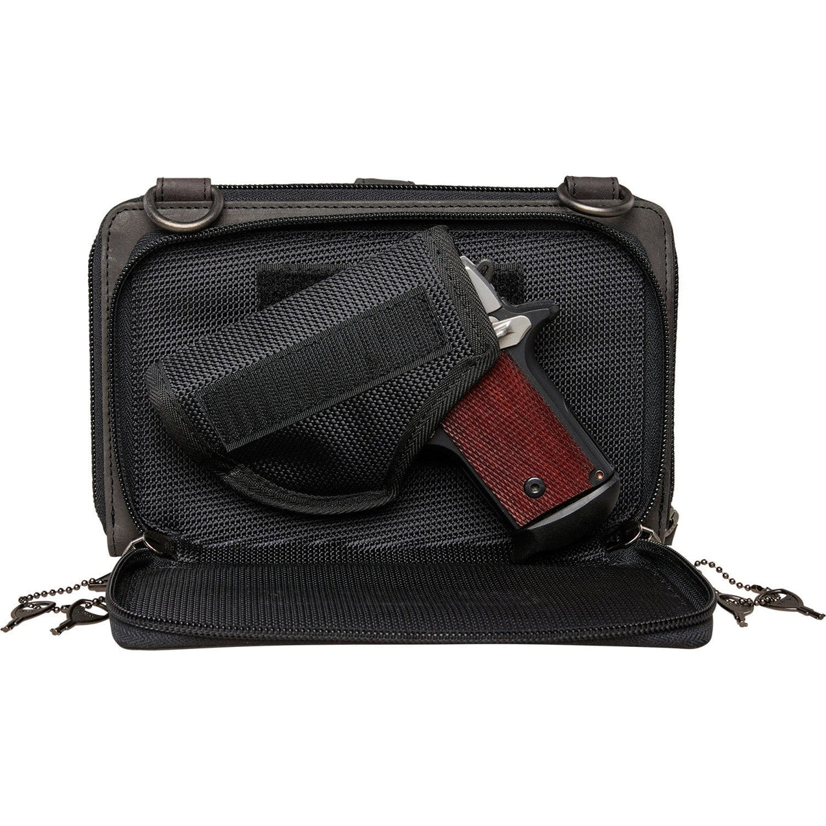 Concealed Carry Millie Leather Crossbody Organizer in Dusty Black – shown with handgun