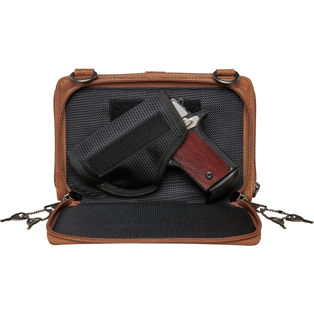 Concealed Carry Millie Leather Crossbody Organizer in Dusty Black – shown with handgun 2