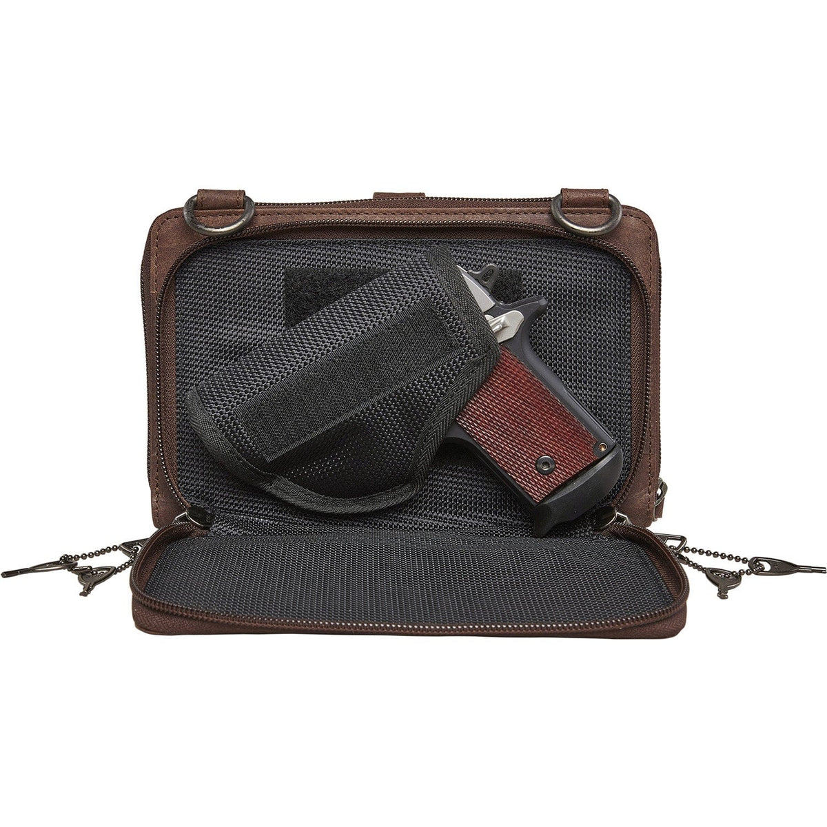 Concealed Carry Millie Leather Crossbody Organizer in Cognac – shown with handgun