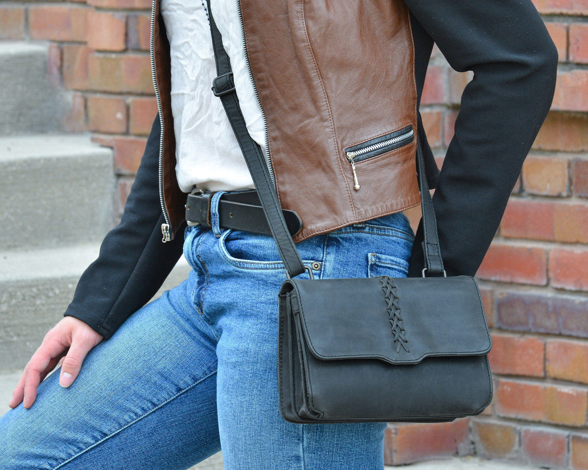 Concealed Carry Jolene Leather Crossbody Organizer in Cognac – worn by model 4