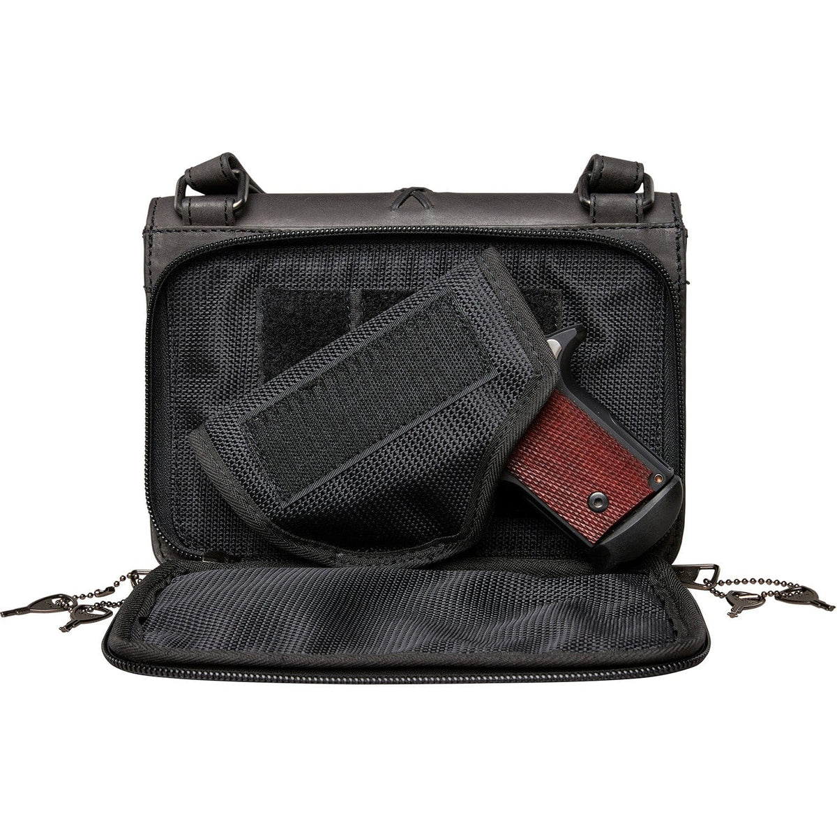 Concealed Carry Jolene Leather Crossbody Organizer in Cognac – shown with handgun 2