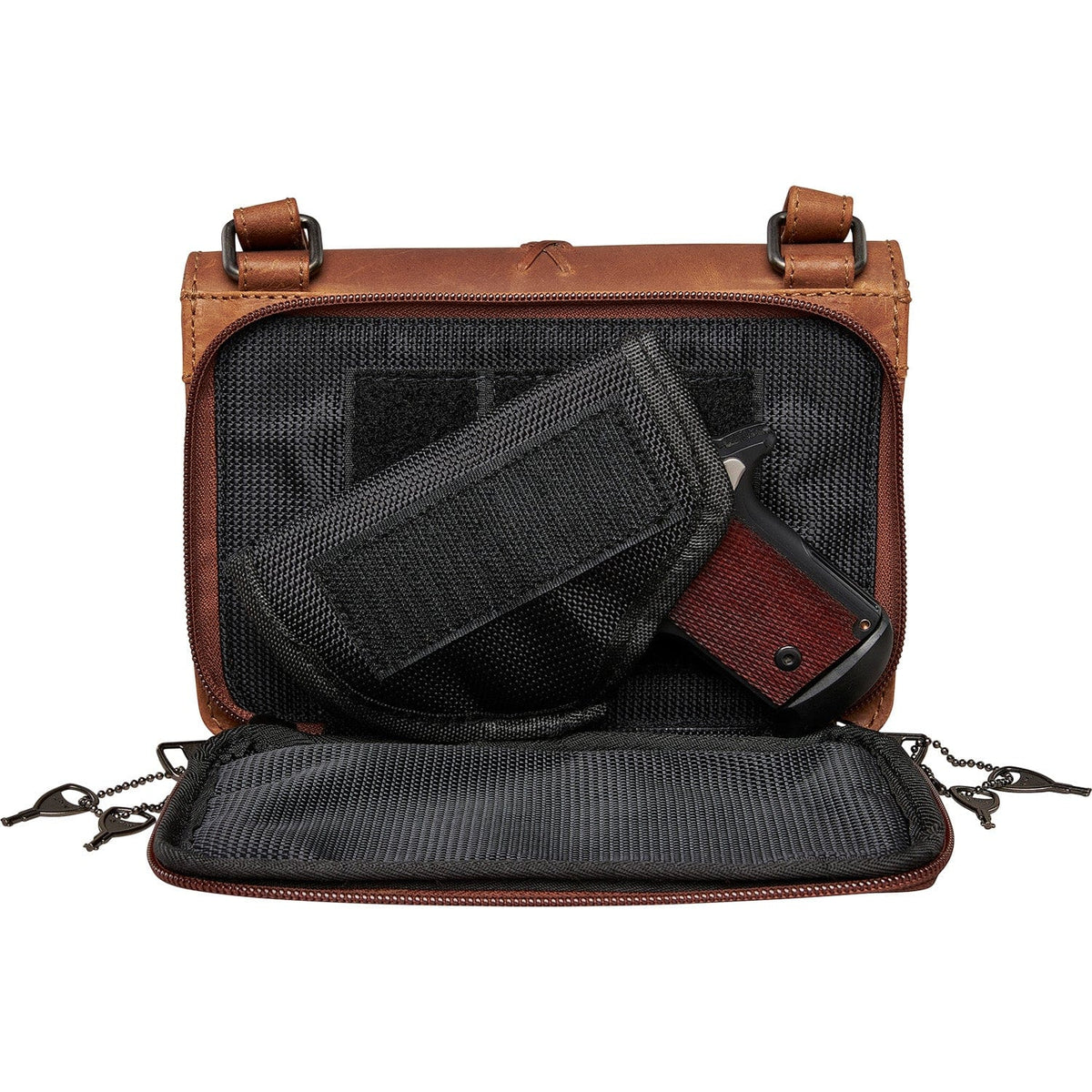 Concealed Carry Jolene Leather Crossbody Organizer in Cognac – shown with handgun