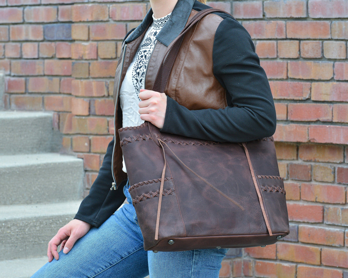 Concealed Carry Kendall Leather Tote in Mahogany – worn by model 2