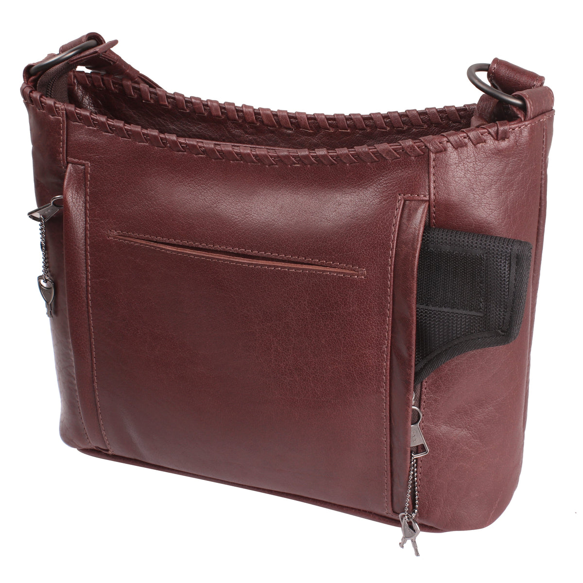 Concealed Carry Juliana Leather Hobo in Mahogany – shown with handgun