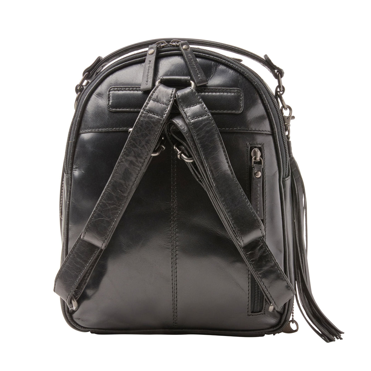 Concealed Carry Sawyer Leather Backpack in Dusty Black – back view