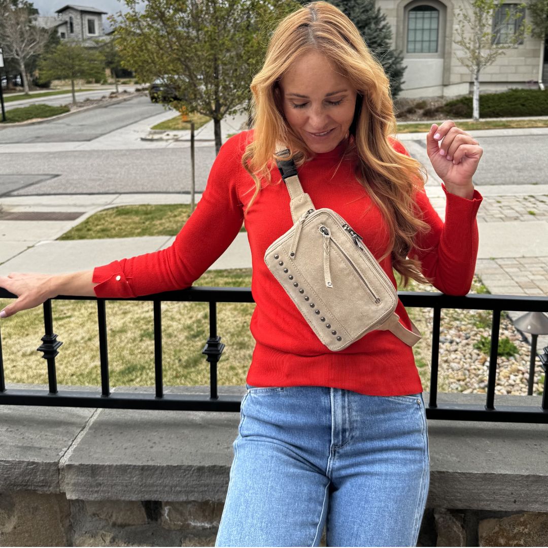 Concealed Carry Kailey Leather Fanny Pack/Sling in Cognac – worn by model 2