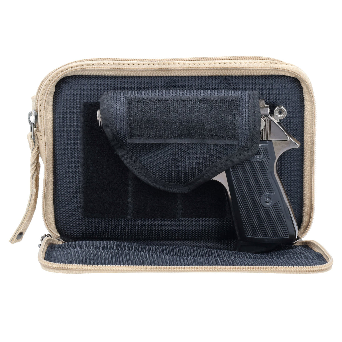 Concealed Carry Kailey Leather Fanny Pack/Sling in Cognac – shown with handgun 3