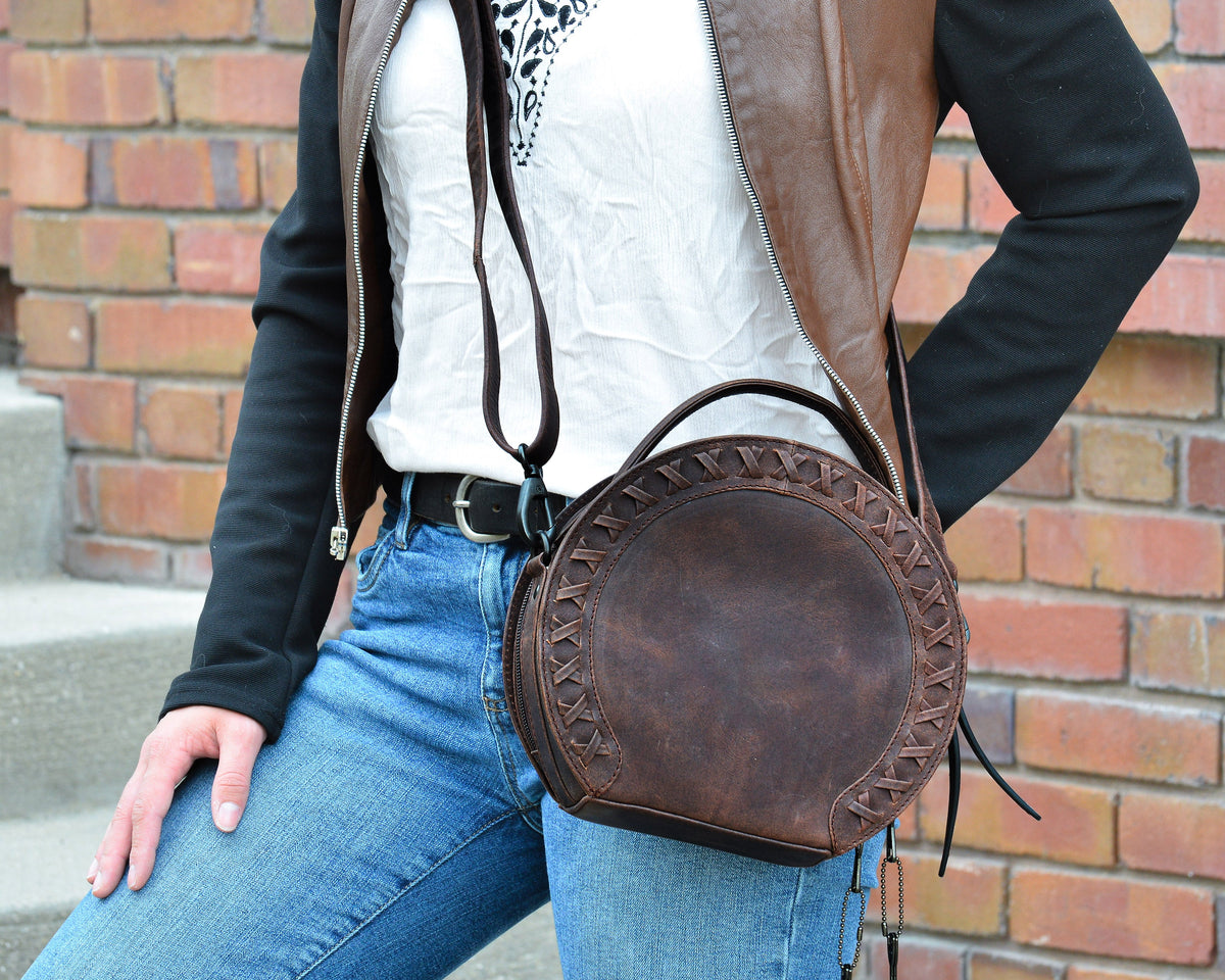 Concealed Carry Oaklee Crossbody Organizer in Mahogany – worn by model 2