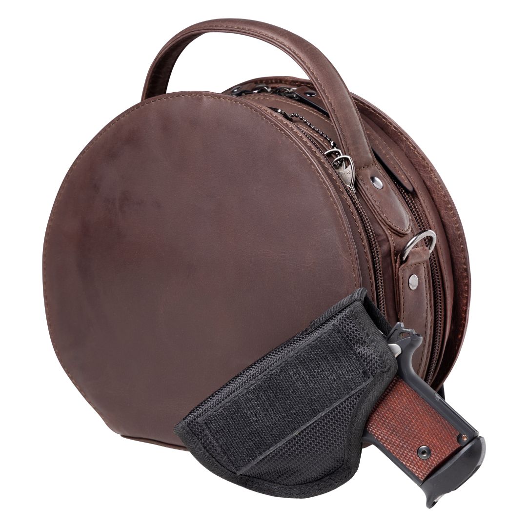 Concealed Carry Oaklee Crossbody Organizer in Mahogany – shown with handgun 2