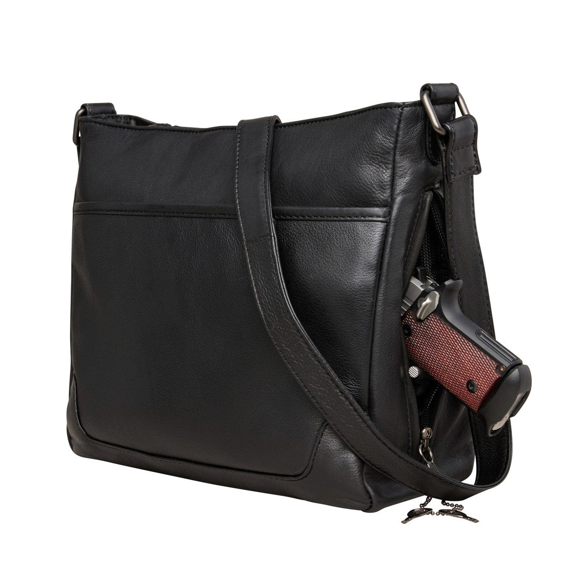 Concealed Carry Lydia Leather Crossbody in Cognac – shown with handgun 2