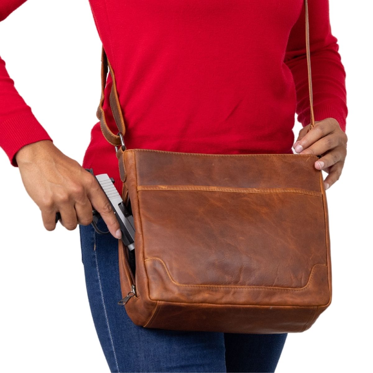 Concealed Carry Lydia Leather Crossbody in Cognac – worn by model 2