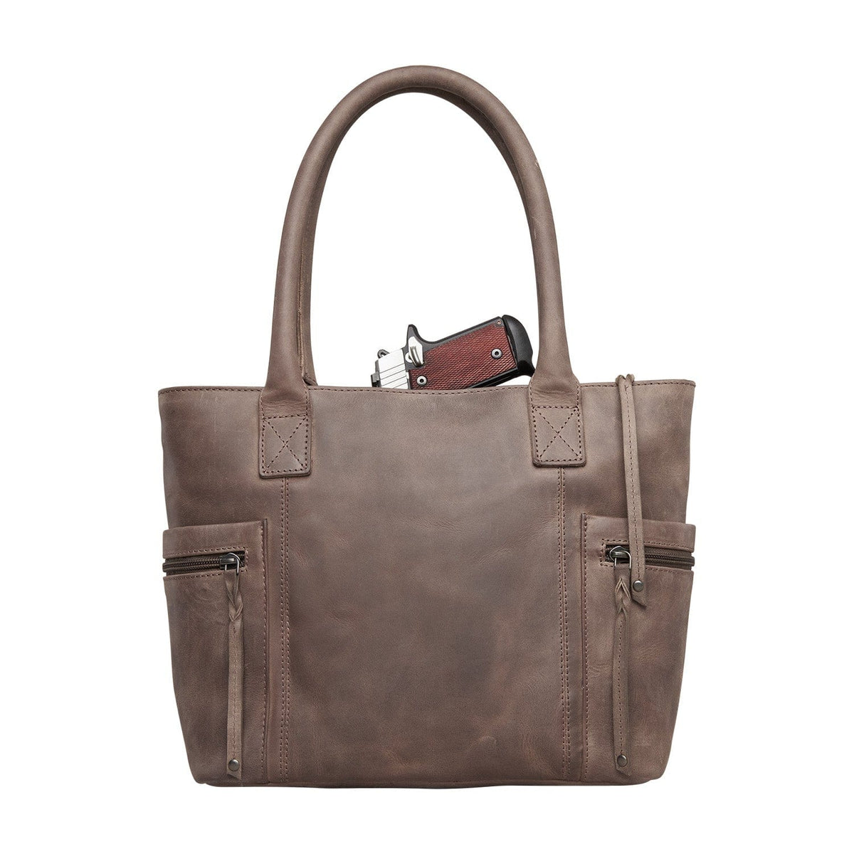 Concealed Carry Emerson Satchel in Gray – shown with handgun
