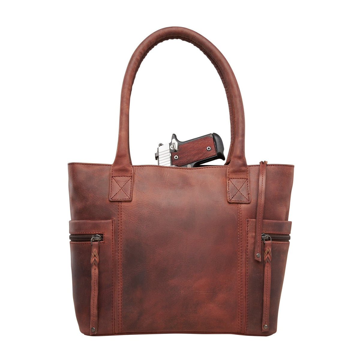 Concealed Carry Emerson Satchel in Mahogany – shown with handgun