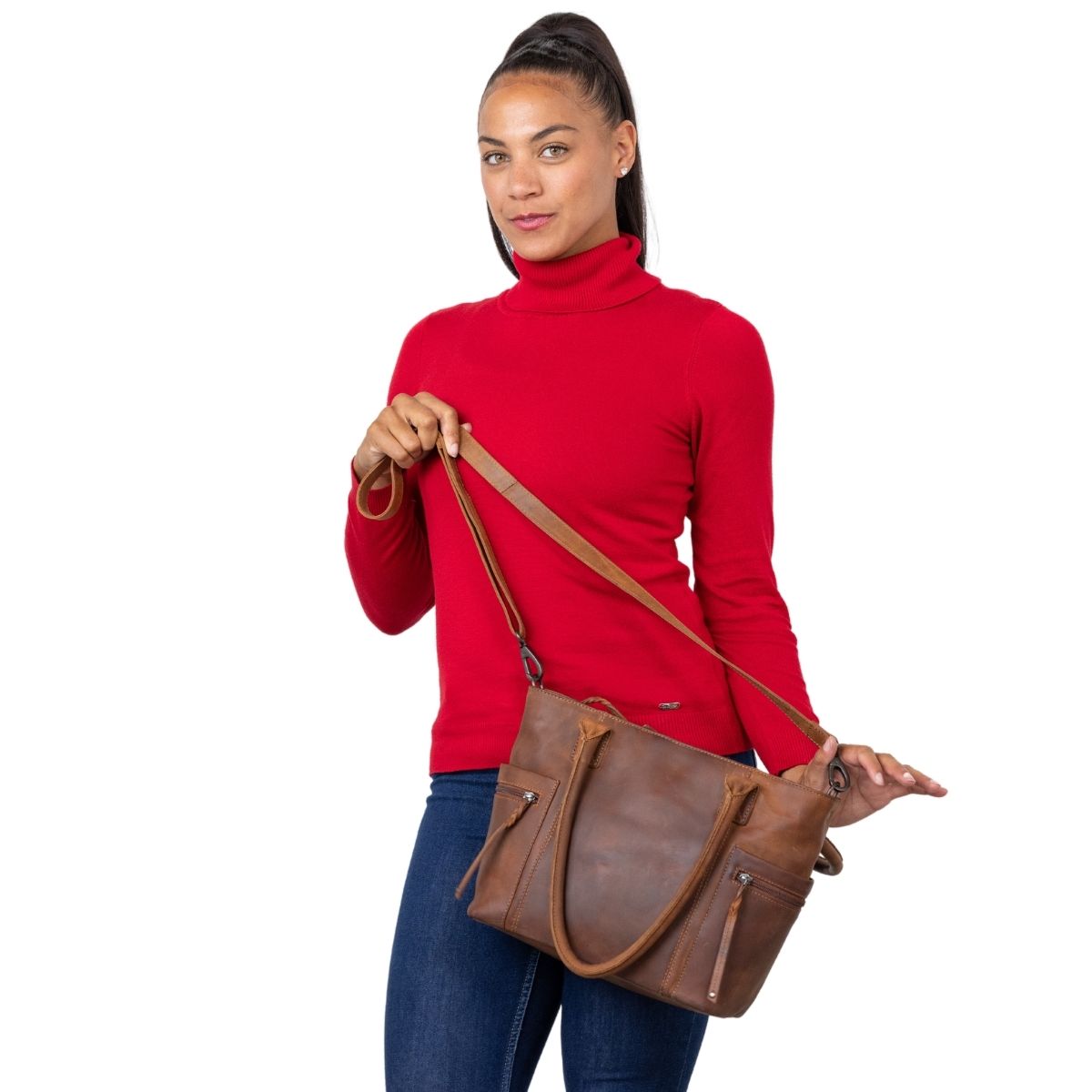 Concealed Carry Emerson Satchel in Mahogany – worn by model 2