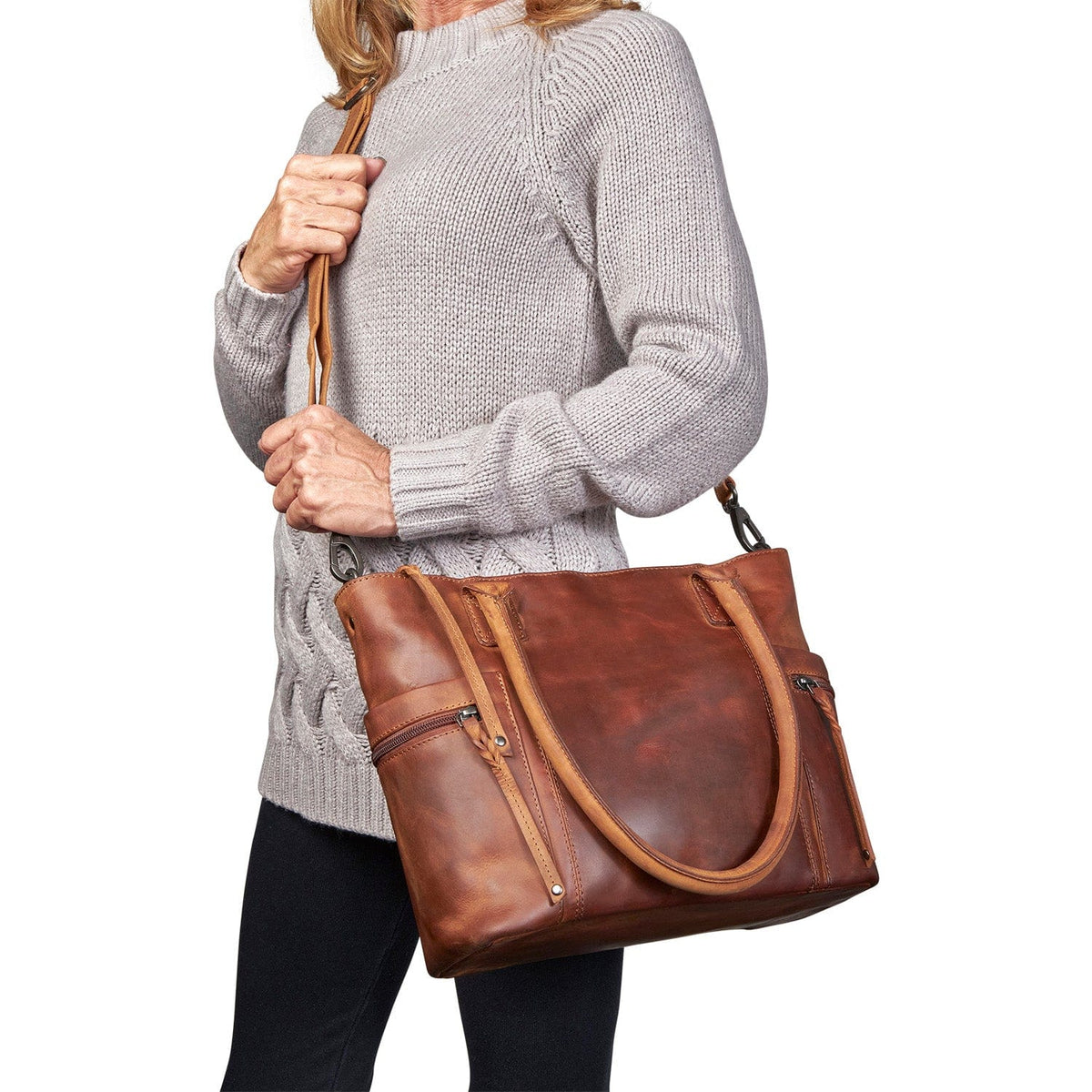 Concealed Carry Emerson Satchel in Gray – worn by model 3
