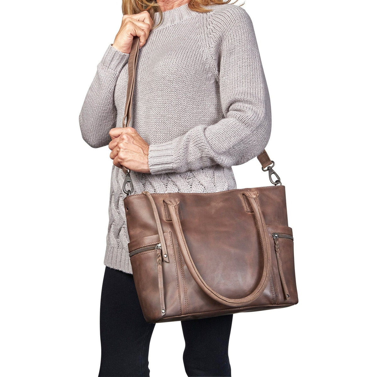 Concealed Carry Emerson Satchel in Gray – worn by model