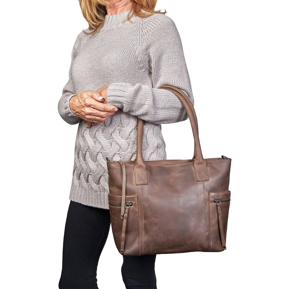 Concealed Carry Emerson Satchel in Gray – worn by model 2
