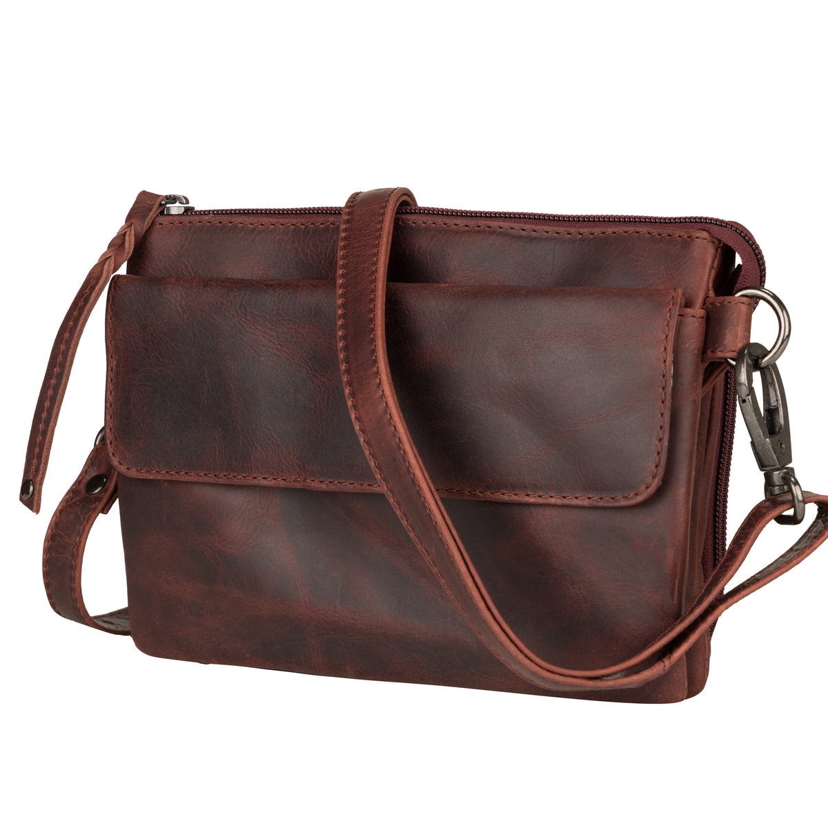 Premium Leather Concealed Carry Natasha Crossbody Bag in Mahogany – side view