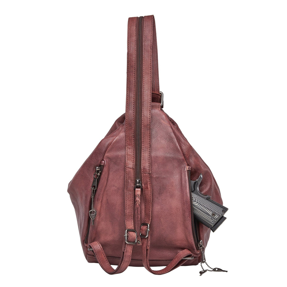 Concealed Carry Marley Backpack in Bordo – shown with handgun