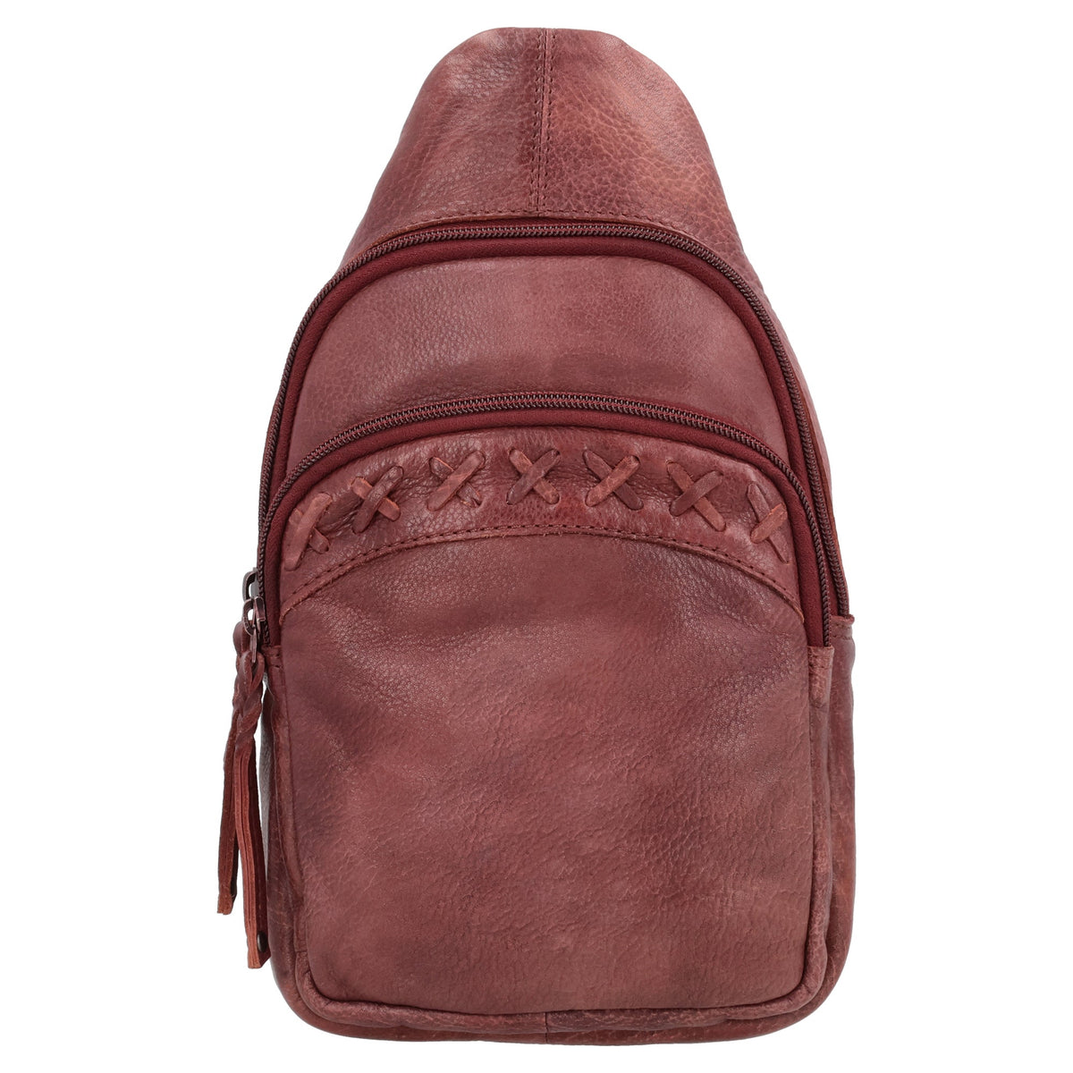 Concealed Carry Unisex Taylor Leather Sling Backpack in Dark Brown – shown with handgun