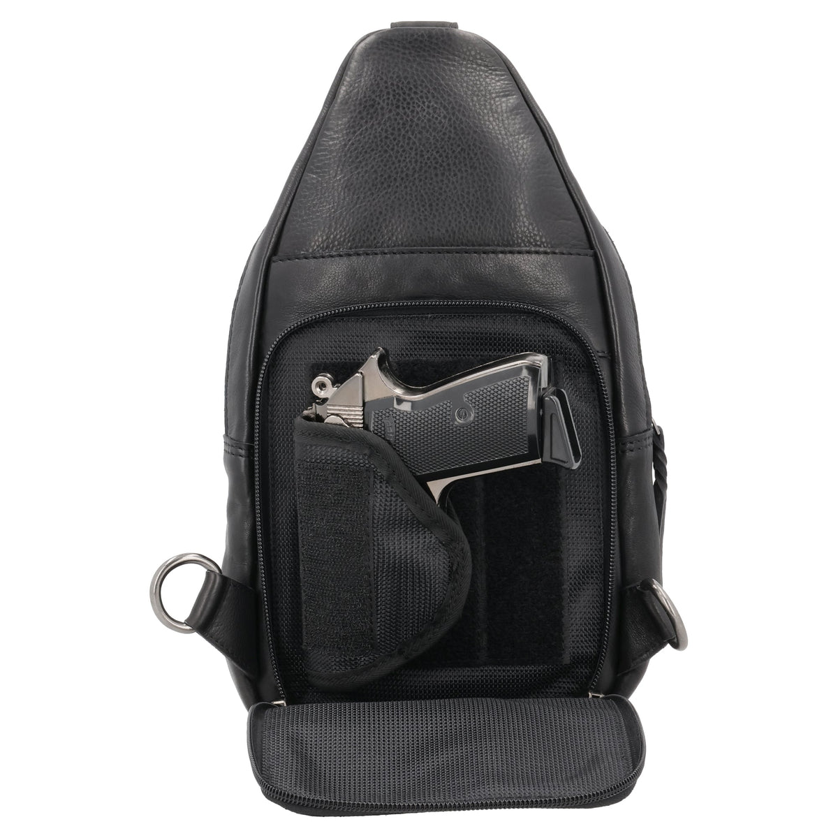 Concealed Carry Unisex Taylor Leather Sling Backpack in Black – shown with handgun