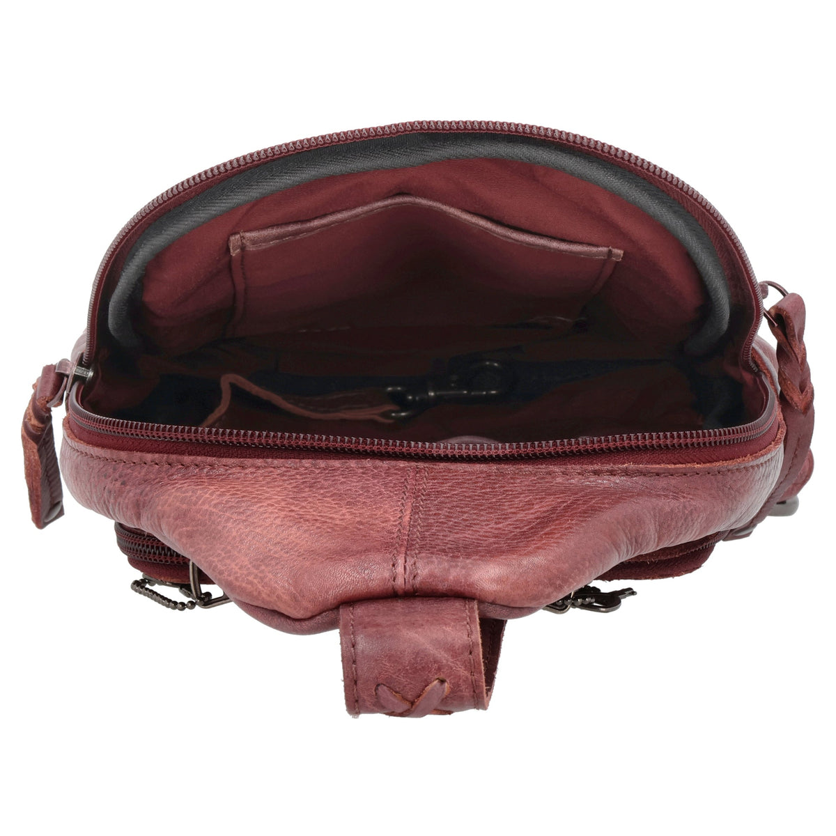Concealed Carry Unisex Taylor Leather Sling Backpack in Dark Brown – interior view 2
