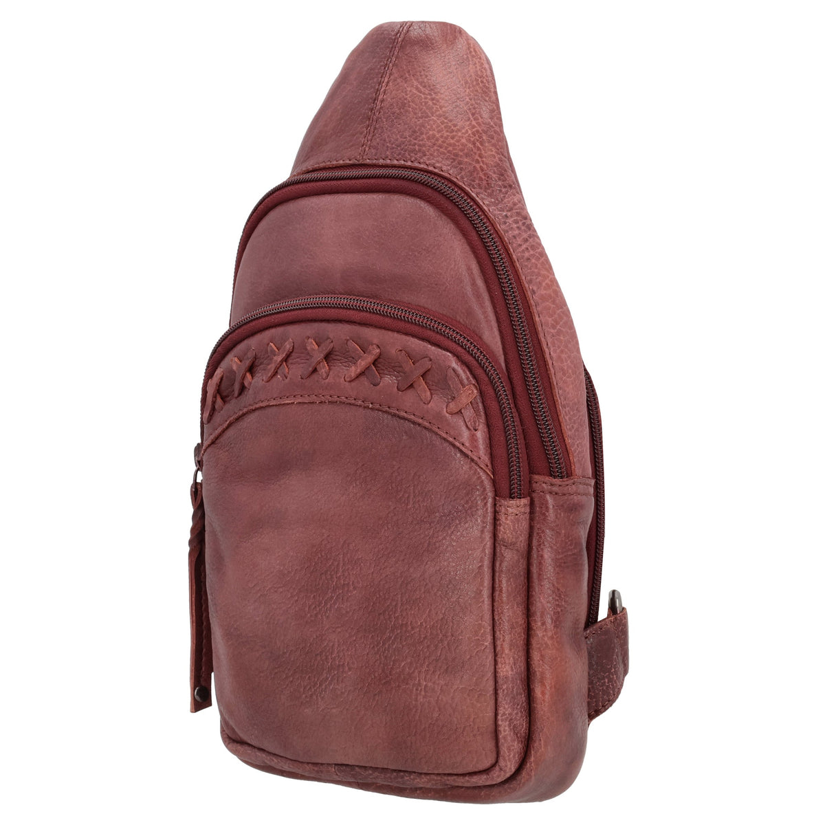 Concealed Carry Unisex Taylor Leather Sling Backpack in Dark Brown – shown with handgun 2