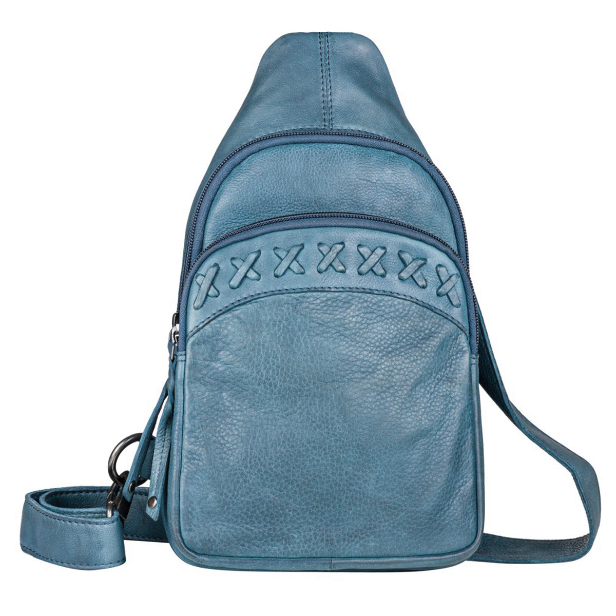 Concealed Carry Unisex Taylor Leather Sling Backpack in Blue – front view