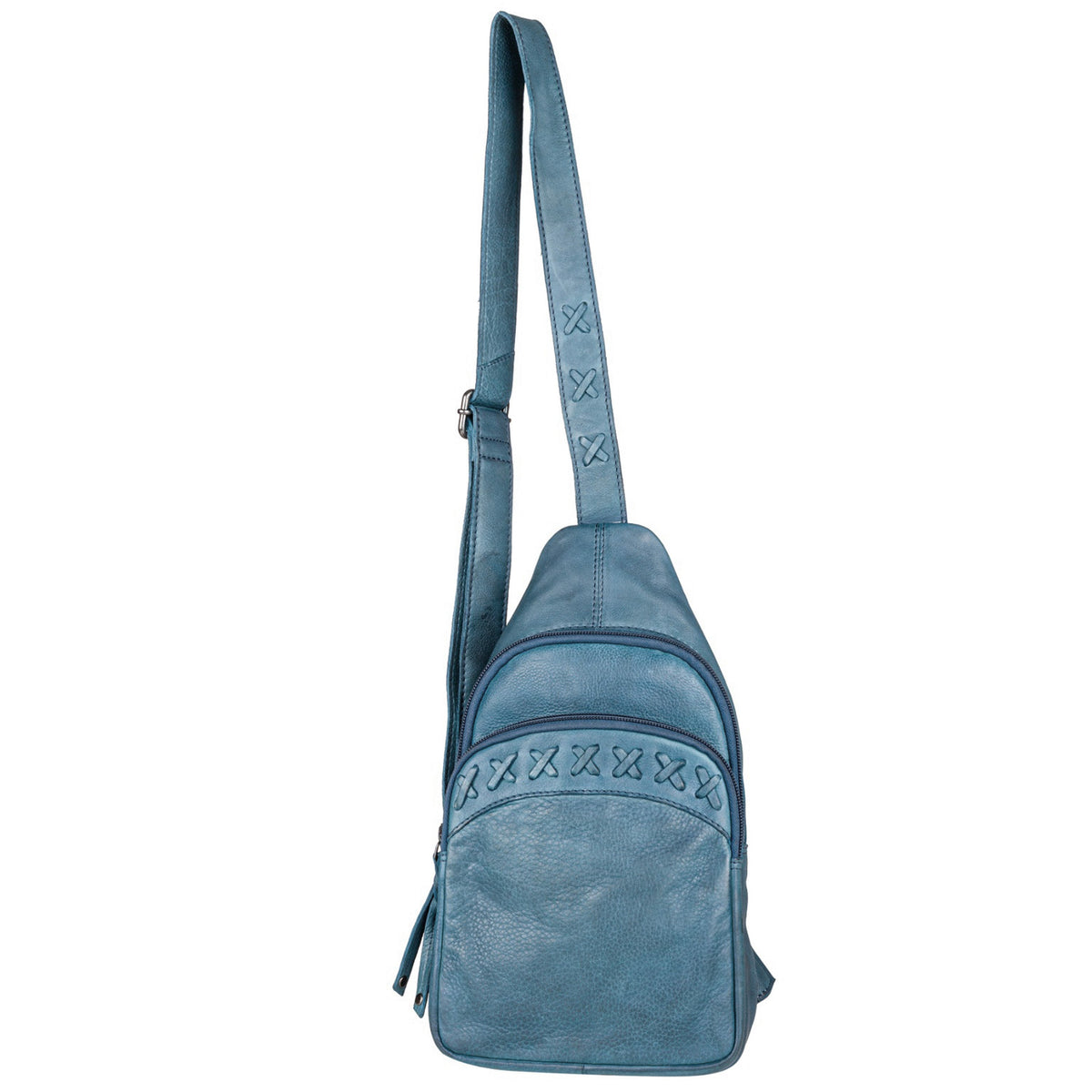 Concealed Carry Unisex Taylor Leather Sling Backpack in Blue – front view 2