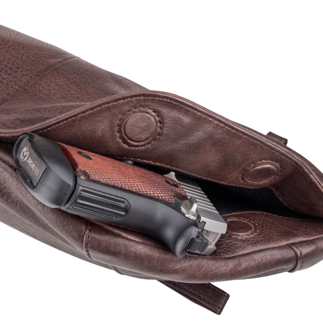 Concealed Carry Charlie Magnetic Leather Sling in Mahogany – holster compartment