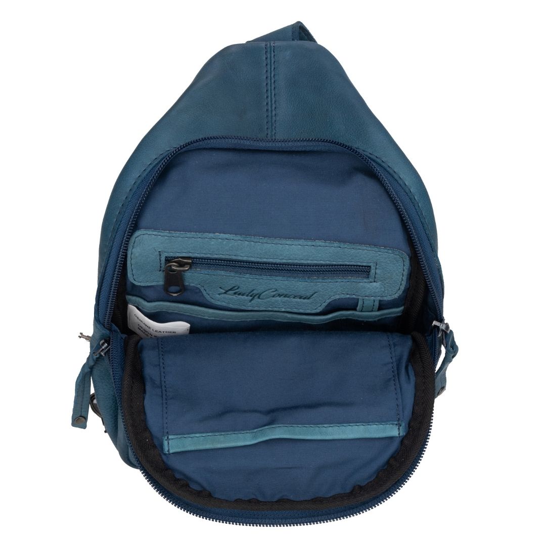 Concealed Carry Unisex Taylor Leather Sling Backpack in Blue – interior view