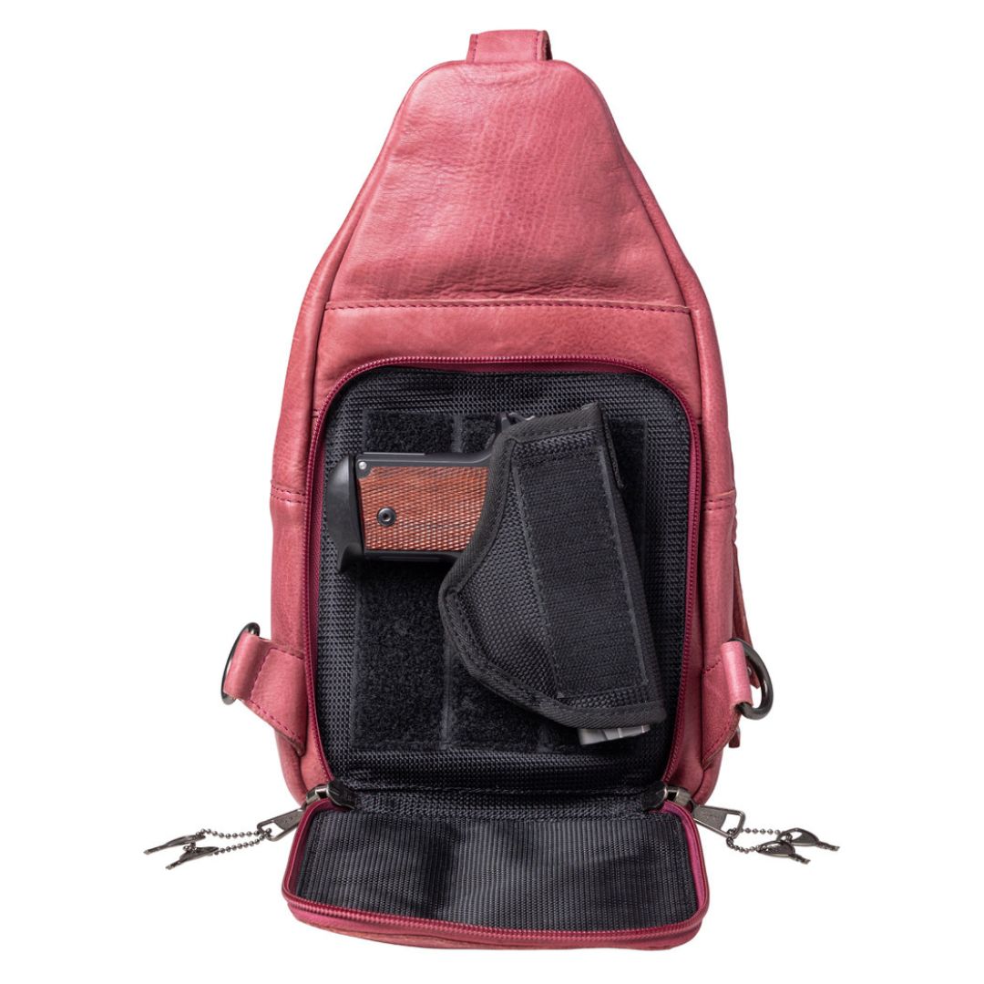 Concealed Carry Unisex Taylor Leather Sling Backpack in Plum – concealment pocket