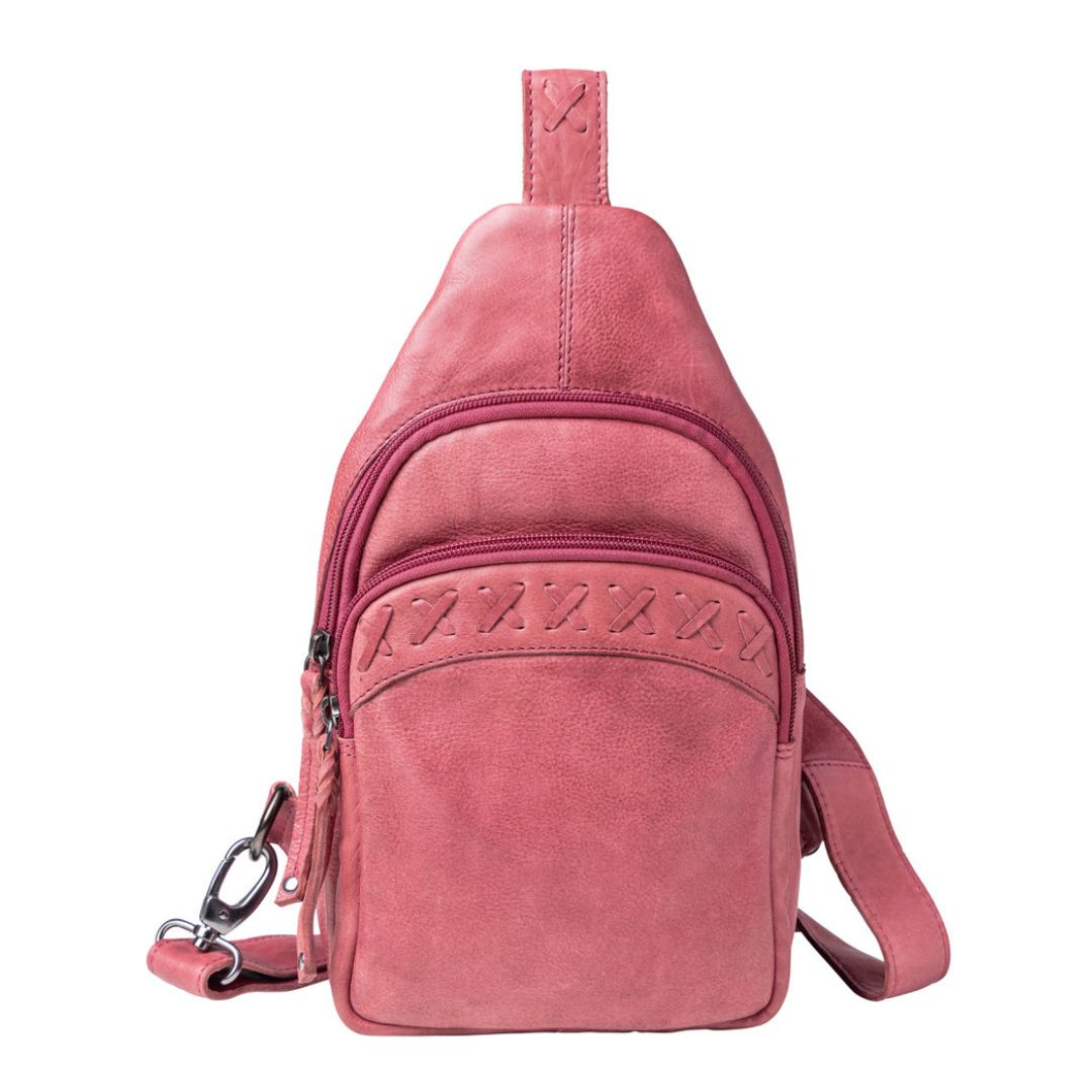 Concealed Carry Unisex Taylor Leather Sling Backpack in Plum – front view