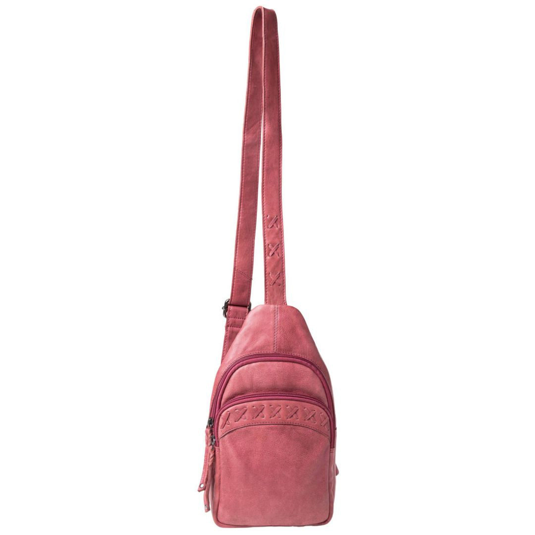 Concealed Carry Unisex Taylor Leather Sling Backpack in Plum – additional view 1