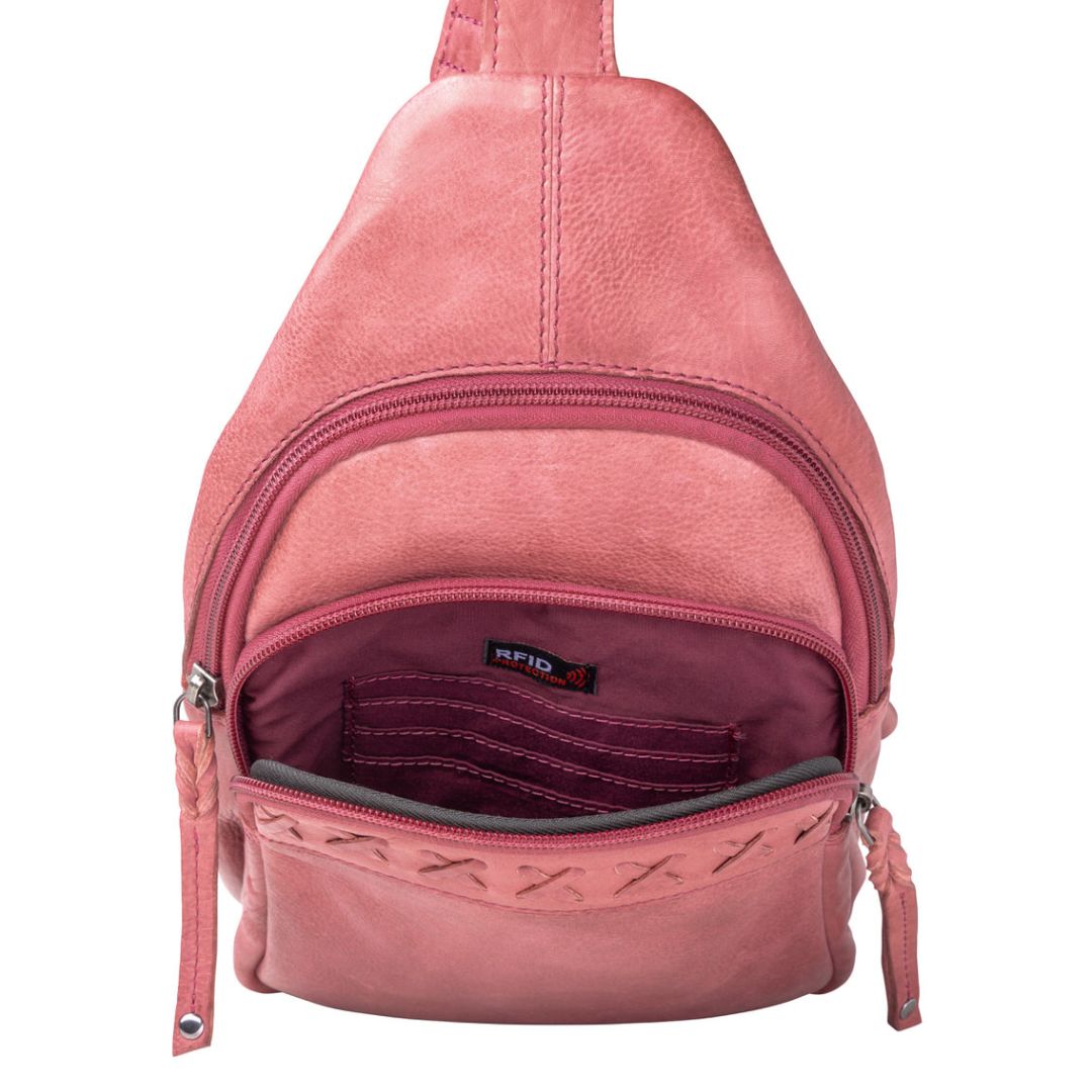 Concealed Carry Unisex Taylor Leather Sling Backpack in Plum – interior view 2