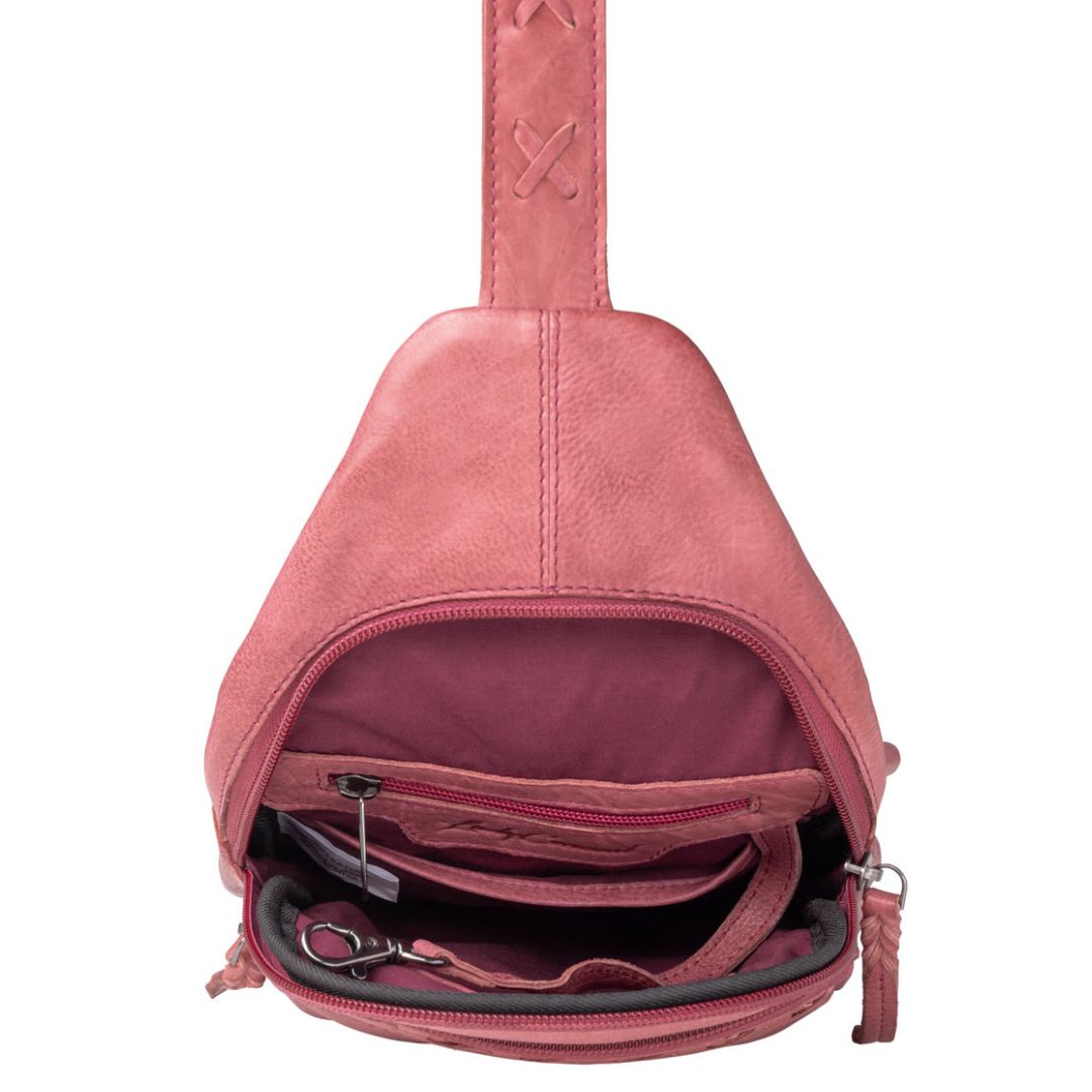 Concealed Carry Unisex Taylor Leather Sling Backpack in Plum – interior view