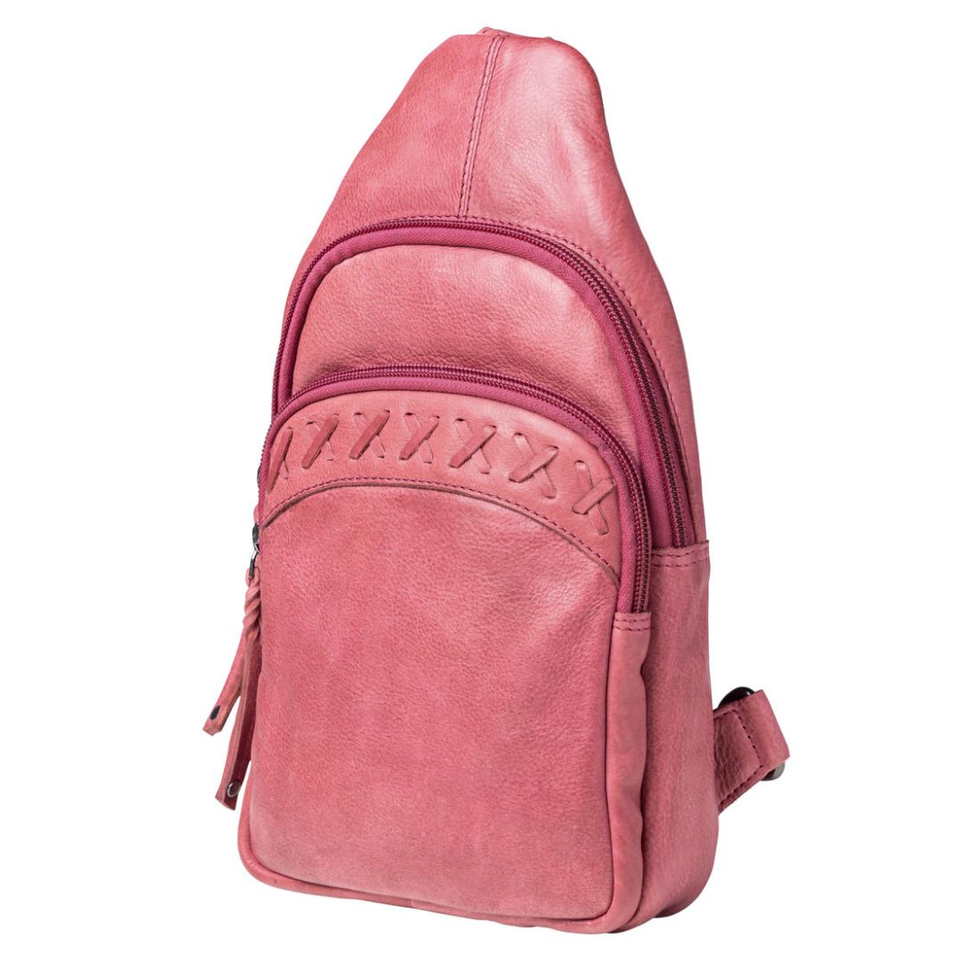 Concealed Carry Unisex Taylor Leather Sling Backpack in Plum – side view