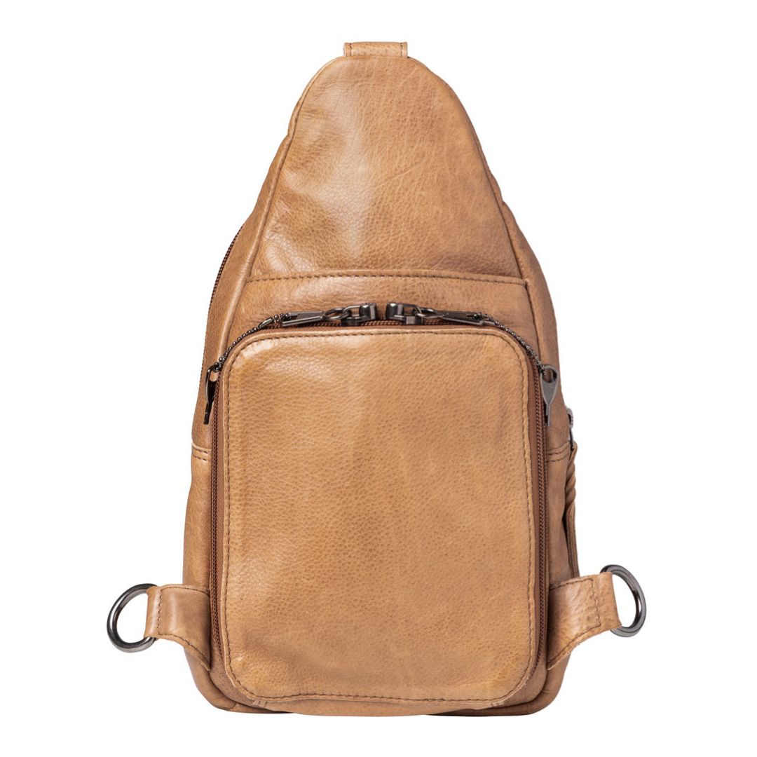 Concealed Carry Unisex Taylor Leather Sling Backpack in Cognac – back view