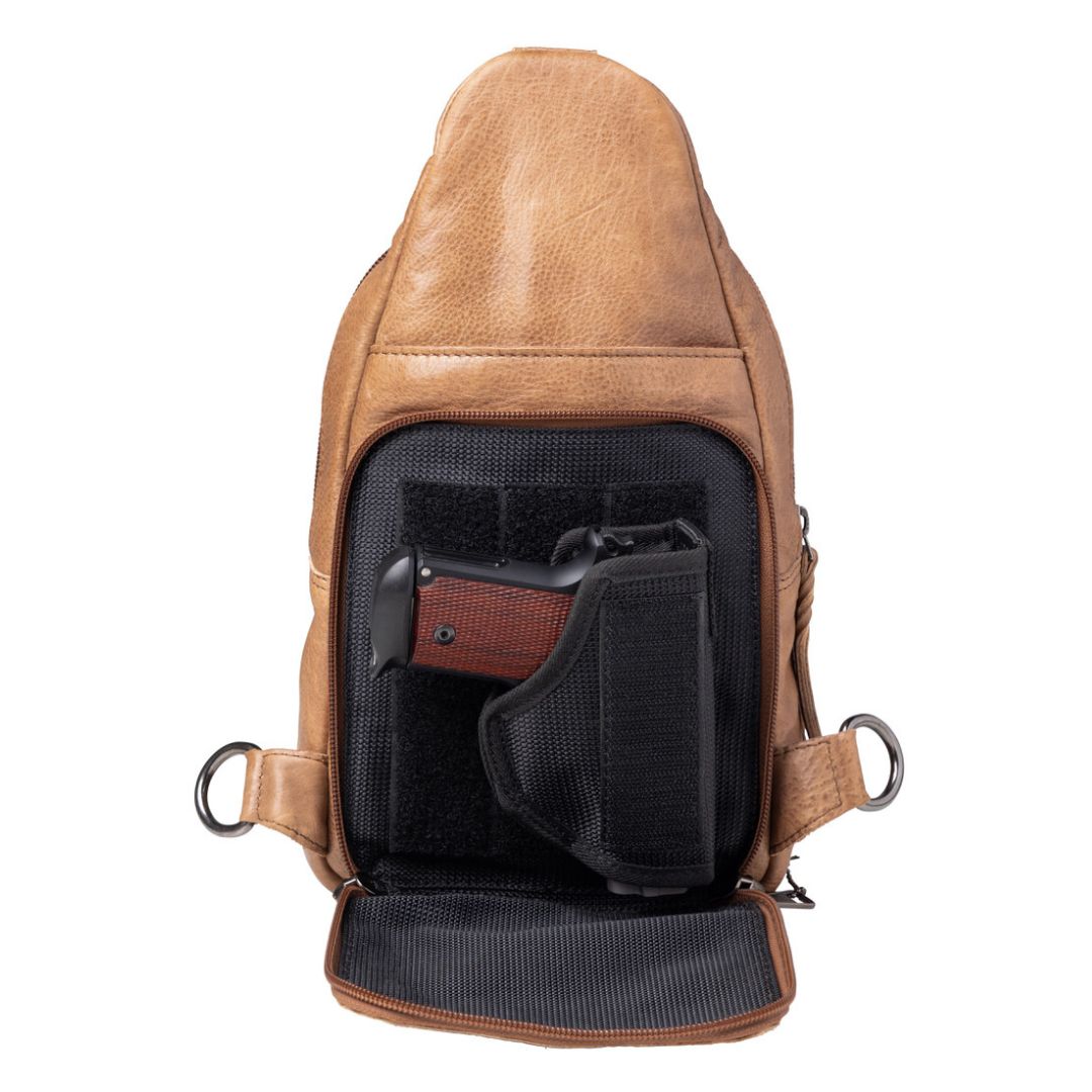 Concealed Carry Unisex Taylor Leather Sling Backpack in Cognac – concealment pocket