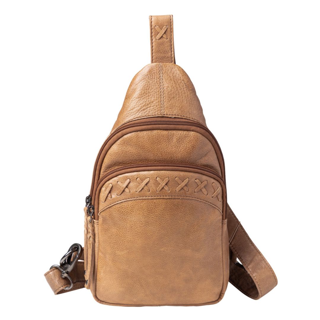Concealed Carry Unisex Taylor Leather Sling Backpack in Cognac – front view