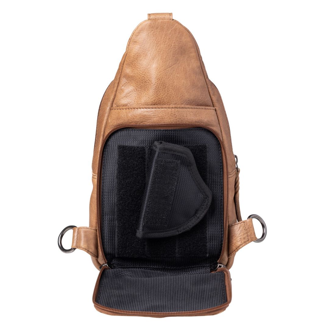 Concealed Carry Unisex Taylor Leather Sling Backpack in Cognac – holster compartment