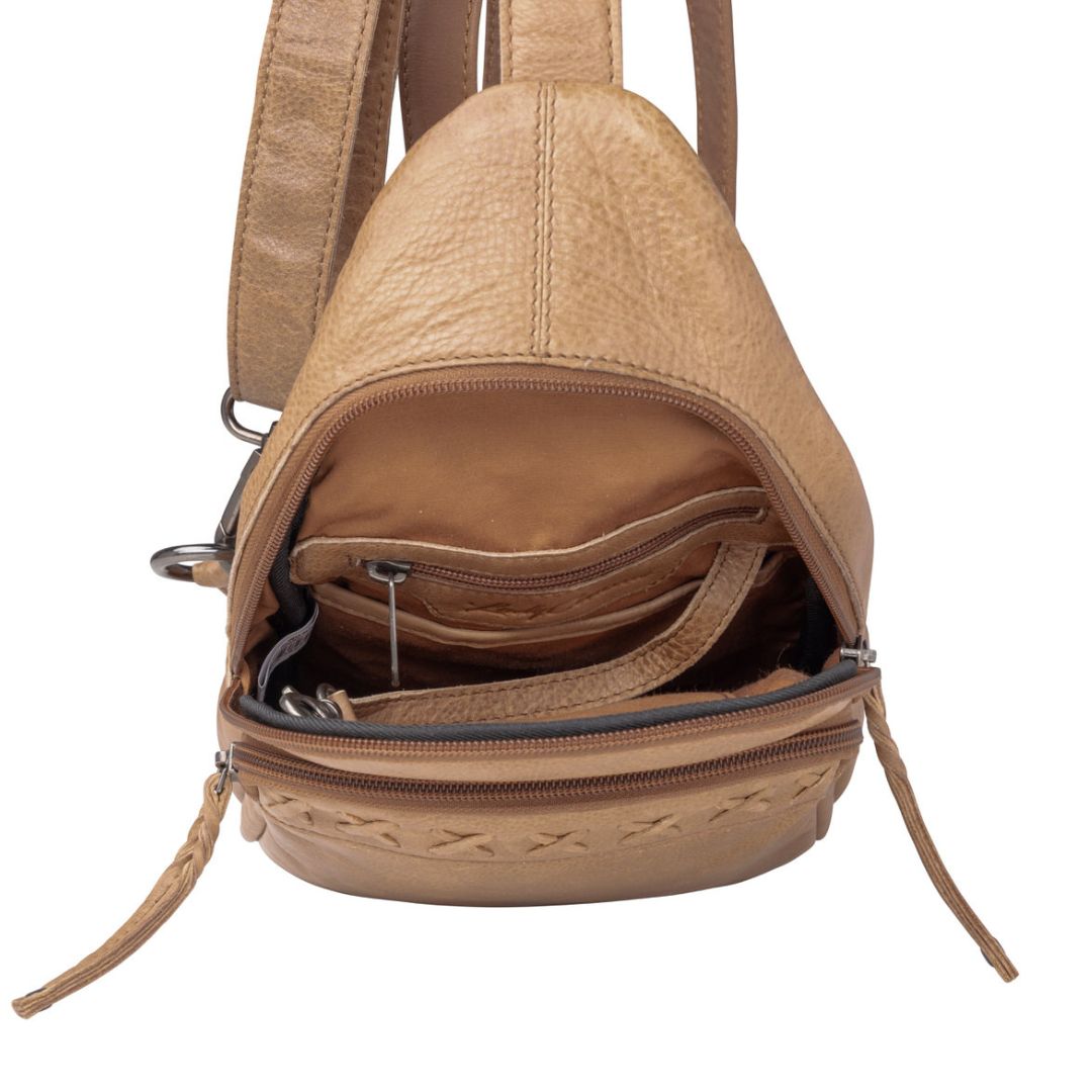 Concealed Carry Unisex Taylor Leather Sling Backpack in Cognac – interior view 2