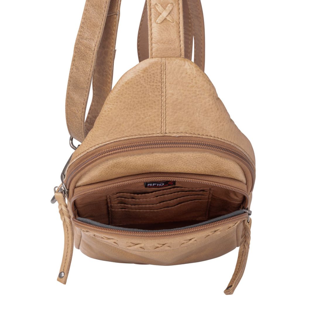 Concealed Carry Unisex Taylor Leather Sling Backpack in Cognac – interior view