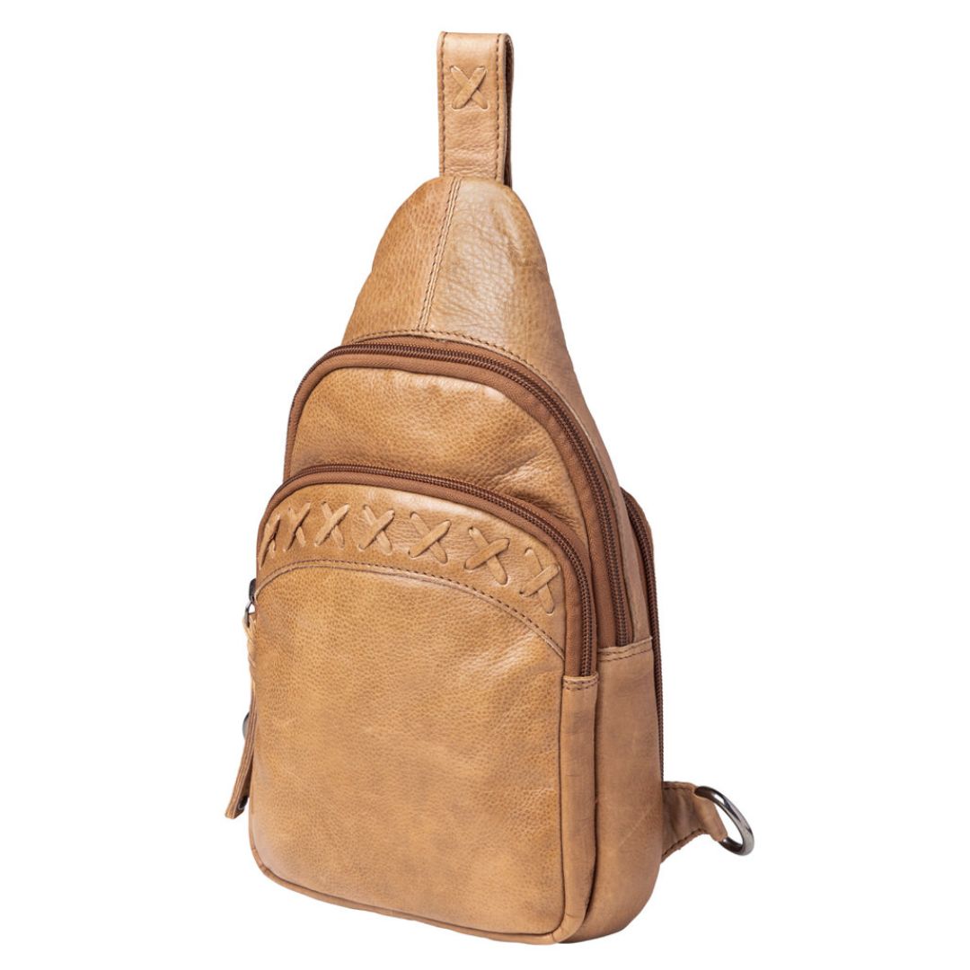 Concealed Carry Unisex Taylor Leather Sling Backpack in Cognac – side view