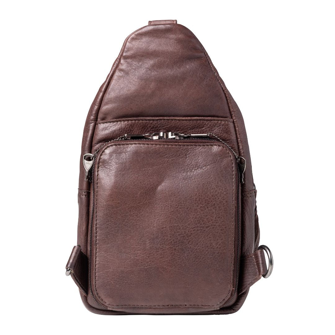 Concealed Carry Unisex Taylor Leather Sling Backpack in Dark Brown – back view