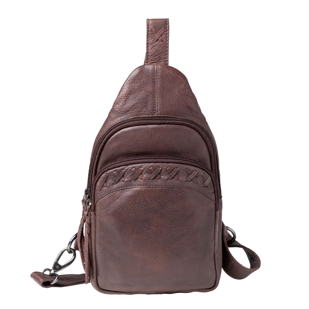 Concealed Carry Unisex Taylor Leather Sling Backpack in Dark Brown – front view