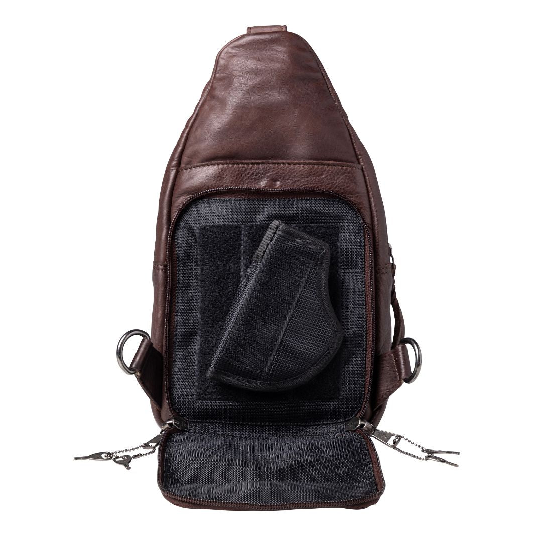 Concealed Carry Unisex Taylor Leather Sling Backpack in Dark Brown – holster compartment 2